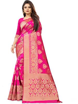 Pink woven silk blend saree with blouse 1