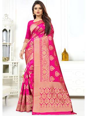 Pink woven silk blend saree with blouse 2
