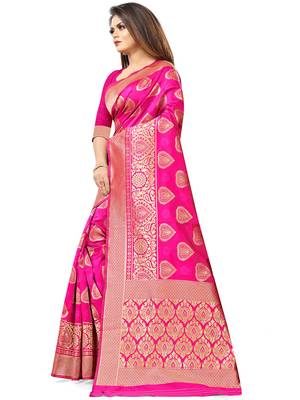 Pink woven silk blend saree with blouse 3