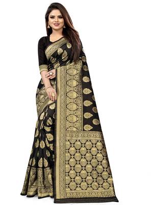 Black Woven Silk Blend Saree With Blouse 1