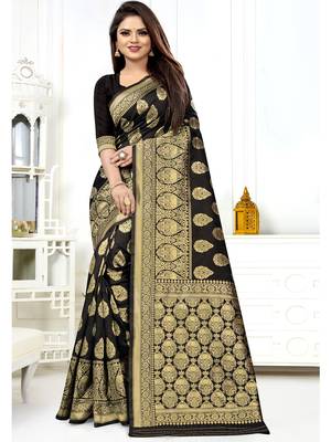Black Woven Silk Blend Saree With Blouse 2