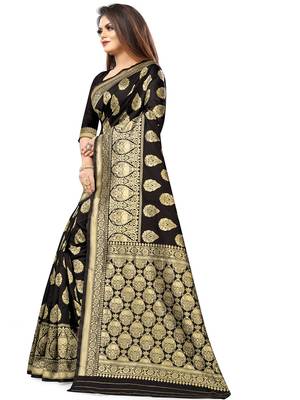 Black Woven Silk Blend Saree With Blouse 3