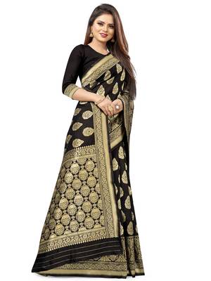 Black Woven Silk Blend Saree With Blouse 4