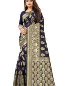 Navy Blue Woven Silk Blend Saree With Blouse