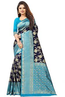 Sky Blue Woven Silk Blend Saree With Blouse