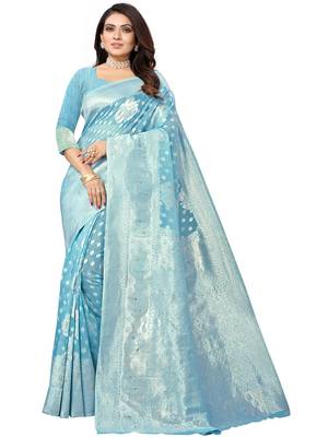 Blue Woven Organza Saree With Blouse 1