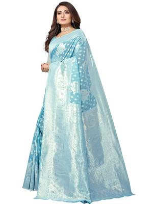 Blue Woven Organza Saree With Blouse 2