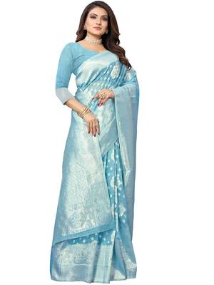 Blue Woven Organza Saree With Blouse 3