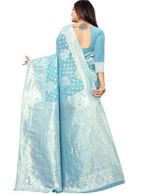 Blue Woven Organza Saree With Blouse 4