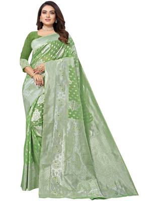 Green Woven Organza Saree With Blouse 1