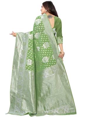 Green Woven Organza Saree With Blouse 4
