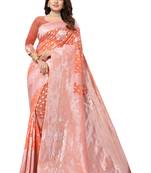 Peach Woven Organza Saree With Blouse