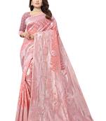 Baby Pink Woven Organza Saree With Blouse
