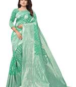 Turquoise Woven Organza Saree With Blouse