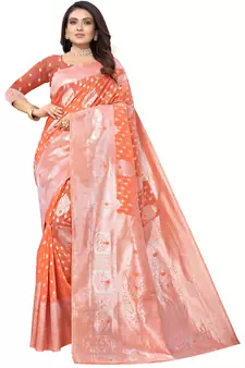 Peach Woven Organza Saree With Blouse