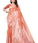 Peach Woven Organza Saree With Blouse