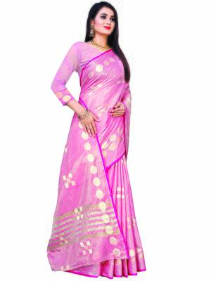 Baby Pink Woven Jacquard Saree With Blouse 3
