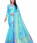 Blue Woven Jacquard Saree With Blouse