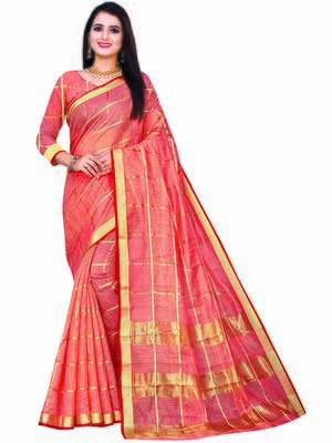 Peach Woven Cotton Saree With Blouse 1