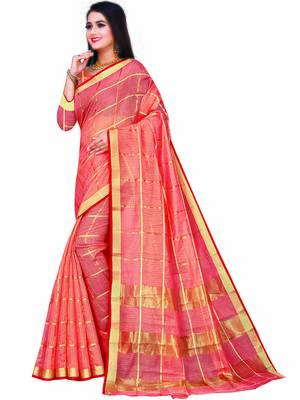Peach Woven Cotton Saree With Blouse 2