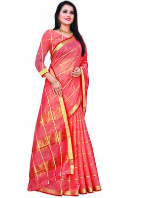 Peach Woven Cotton Saree With Blouse 3