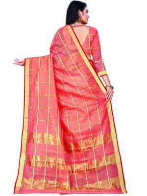 Peach Woven Cotton Saree With Blouse 4