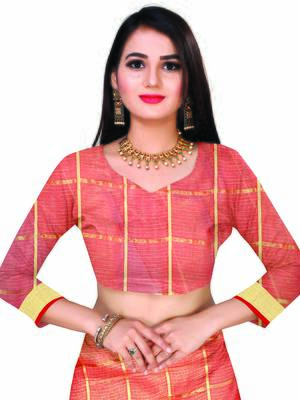 Peach Woven Cotton Saree With Blouse 5