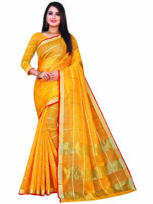 Mustard Woven Cotton Saree With Blouse 1