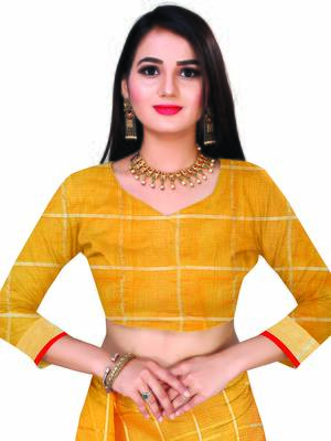 Mustard Woven Cotton Saree With Blouse 5