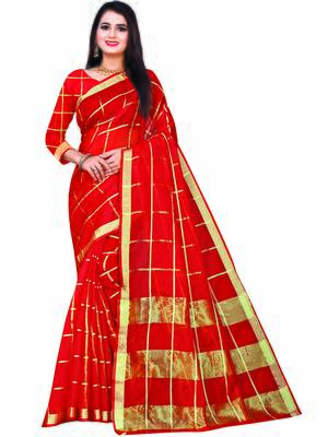 Red Woven Cotton Saree With Blouse 1