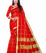 Red Woven Cotton Saree With Blouse