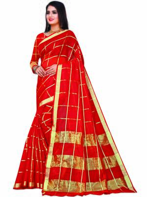 Red Woven Cotton Saree With Blouse 2