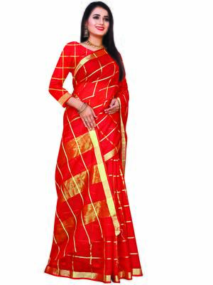 Red Woven Cotton Saree With Blouse 3