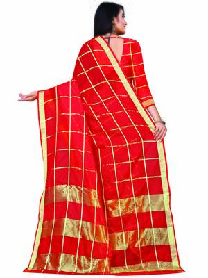 Red Woven Cotton Saree With Blouse 4