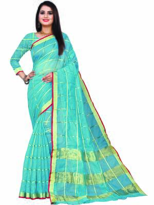 Blue Woven Cotton Saree With Blouse 1