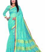 Blue Woven Cotton Saree With Blouse