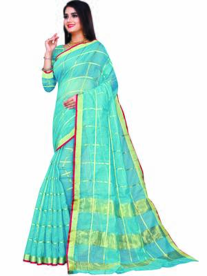 Blue Woven Cotton Saree With Blouse 2