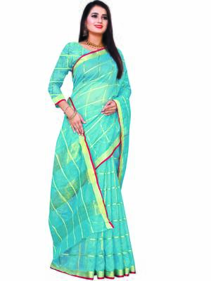 Blue Woven Cotton Saree With Blouse 3