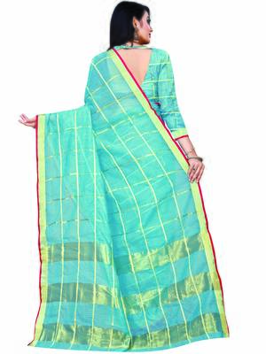 Blue Woven Cotton Saree With Blouse 4