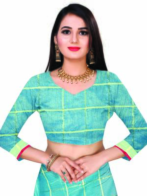 Blue Woven Cotton Saree With Blouse 5