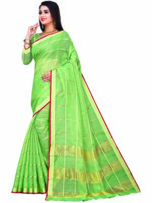Olive Woven Cotton Saree With Blouse 2