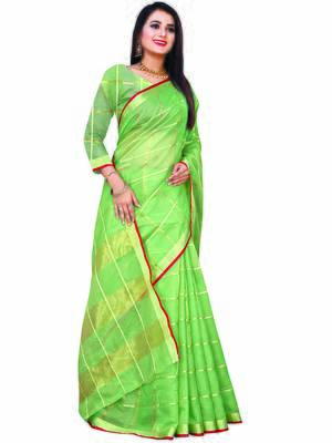 Olive Woven Cotton Saree With Blouse 3