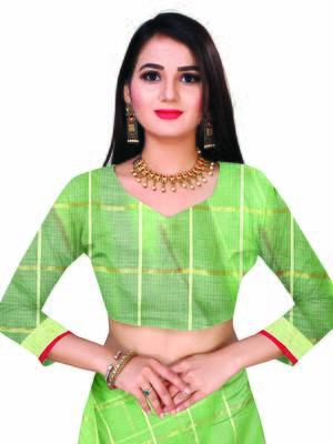 Olive Woven Cotton Saree With Blouse 5