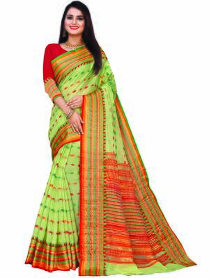 Light Green Woven Cotton Saree With Blouse 1