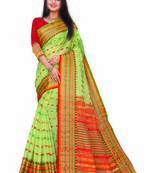 Light Green Woven Cotton Saree With Blouse