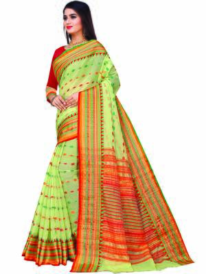 Light Green Woven Cotton Saree With Blouse 2