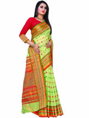 Light Green Woven Cotton Saree With Blouse 3