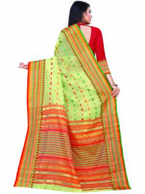 Light Green Woven Cotton Saree With Blouse 4