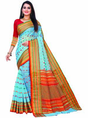 Sky Blue Woven Cotton Saree With Blouse 1