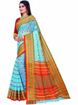 Sky Blue Woven Cotton Saree With Blouse 2